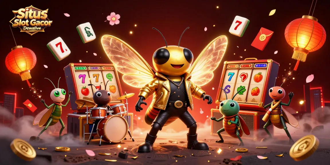 Situs Slot Gacor Dewalive features an energetic scene with a cicada rock star and vibrant slot elements creating a thrilling atmosphere.