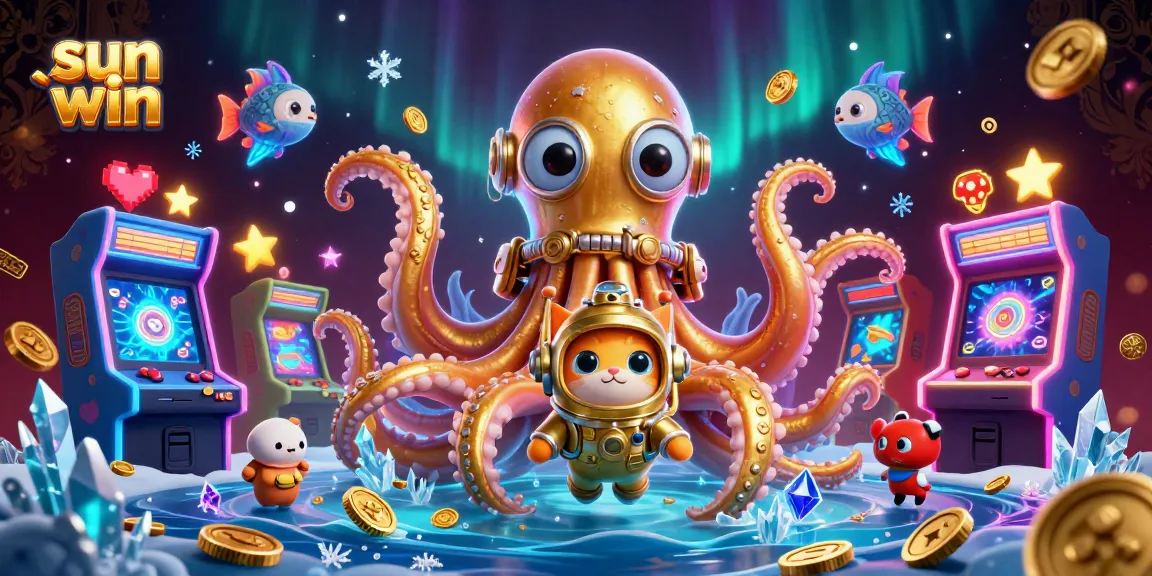Experience thrilling play at sun win with a vibrant kraken and diving cat illustration showcasing engaging casino games.