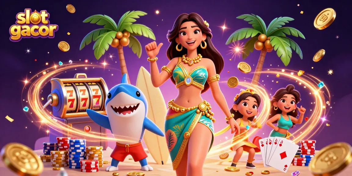Rasakan kegembiraan slot gacor dengan adegan 3D bertema kasino yang dinamis menampilkan dewi pantai dan hiu peselancar yang stylish.