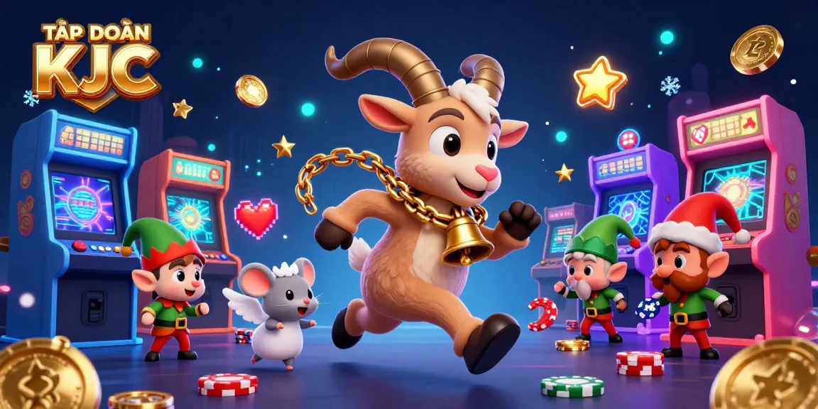 TẬP ĐOÀN KJC showcases a vibrant holiday-casino scene with a Krampus goat and playful characters ensuring dynamic gambling action.
