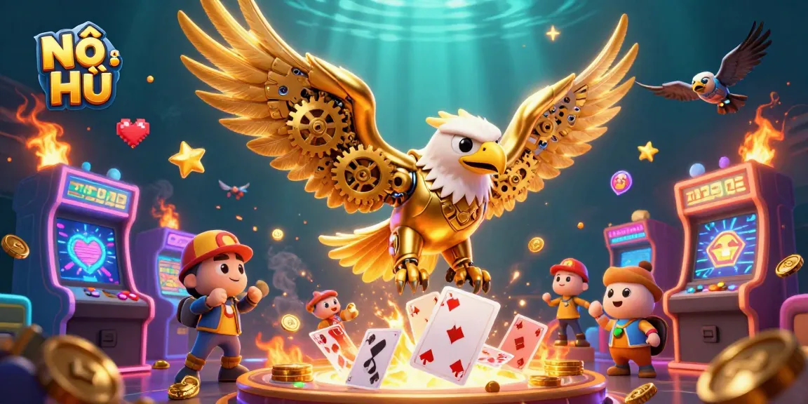 Engage in Nổ Hũ themed excitement with a dynamic 3D illustration featuring a golden eagle and holographic playing cards.
