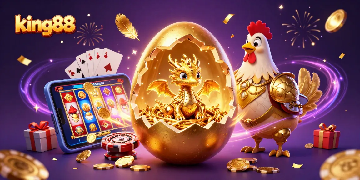 Experience king88's dazzling gaming world with golden dragon and poker chips in a vibrant, celebratory setting.