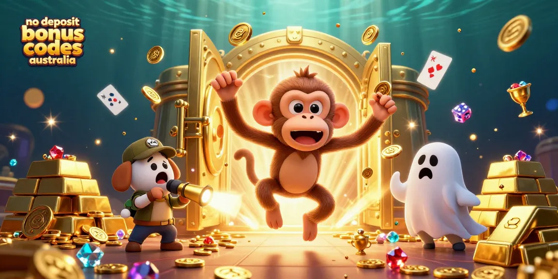 No deposit bonus codes australia: Explore a lively casino scene with a ghost-hunting puppy tracking a playful poltergeist monkey.