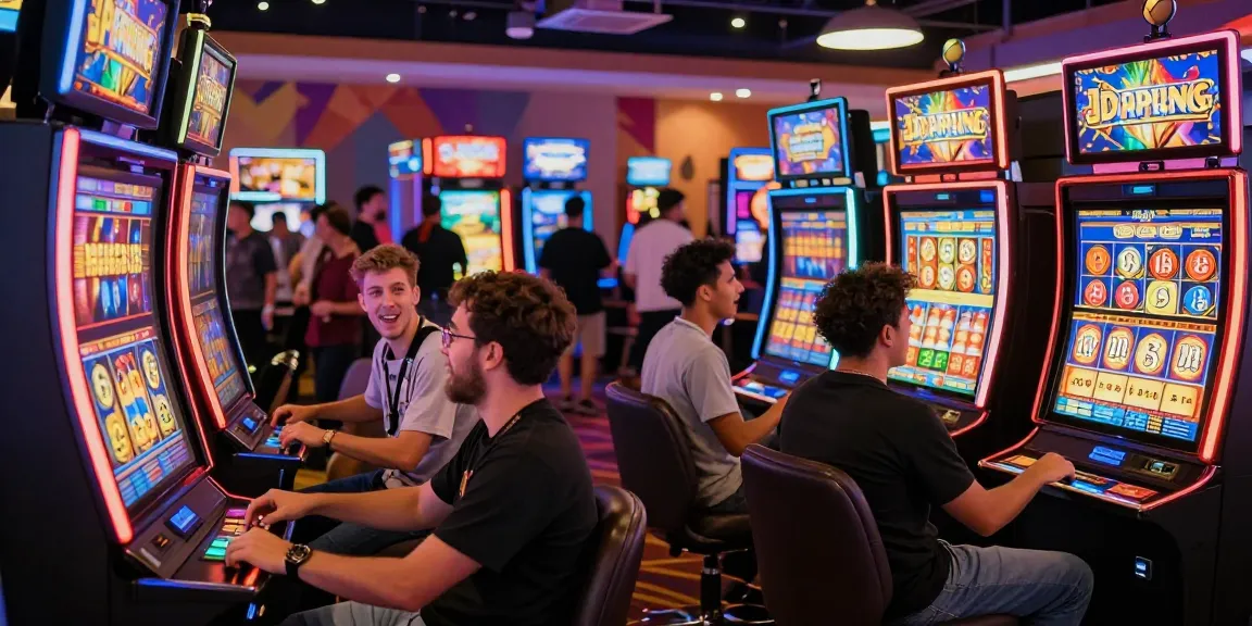 Para pemain bersenang-senang di situs slot gacor dengan mesin slot menghiasi suasana kasino.
