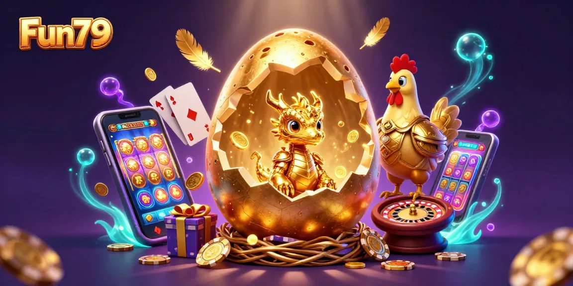 Experience the excitement at Fun79 with a golden dragon guarding poker chips in a vibrant casino scene.