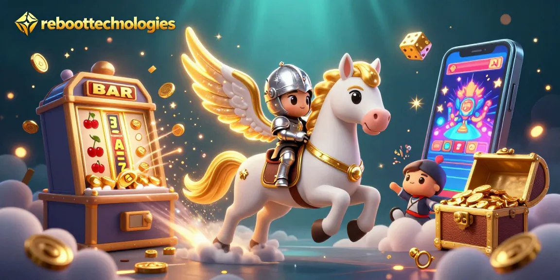 Engage with reboottechnologies at a vibrant 3D casino scene bursting with slots, treasures, and winning fun!