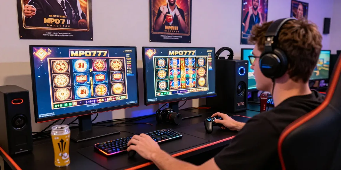 Exciting gaming scene showing mpo777 daftar on vibrant slot machine displays, engaging player at immersive desk setup.