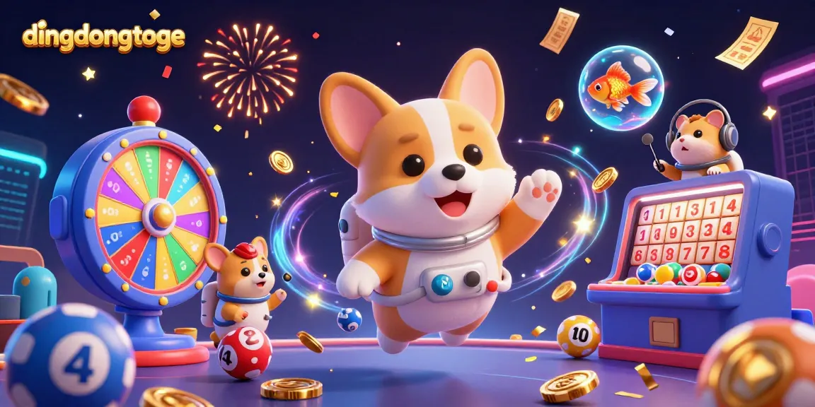 Engage with dingdongtoge's vibrant online casino experience featuring colorful lottery elements and floating characters.