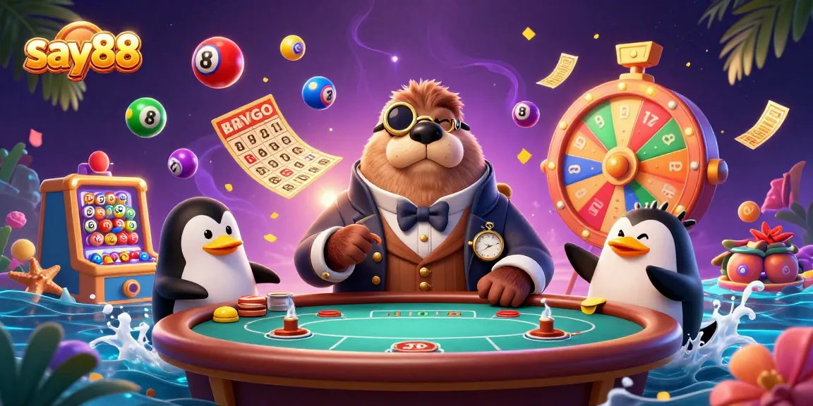 Experience the thrill of say88 with a jolly walrus at the poker table in vibrant underwater casino action.