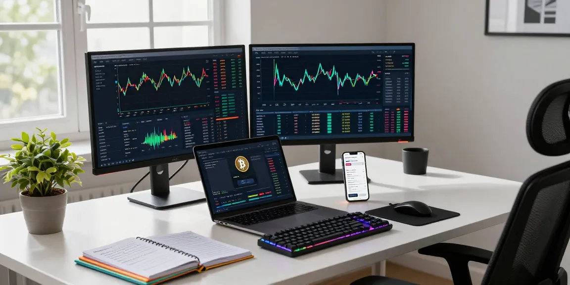 Playexch247 cryptocurrency trading workspace with dynamic charts, digital wallets, and a professional setup showcasing advanced trading technology.