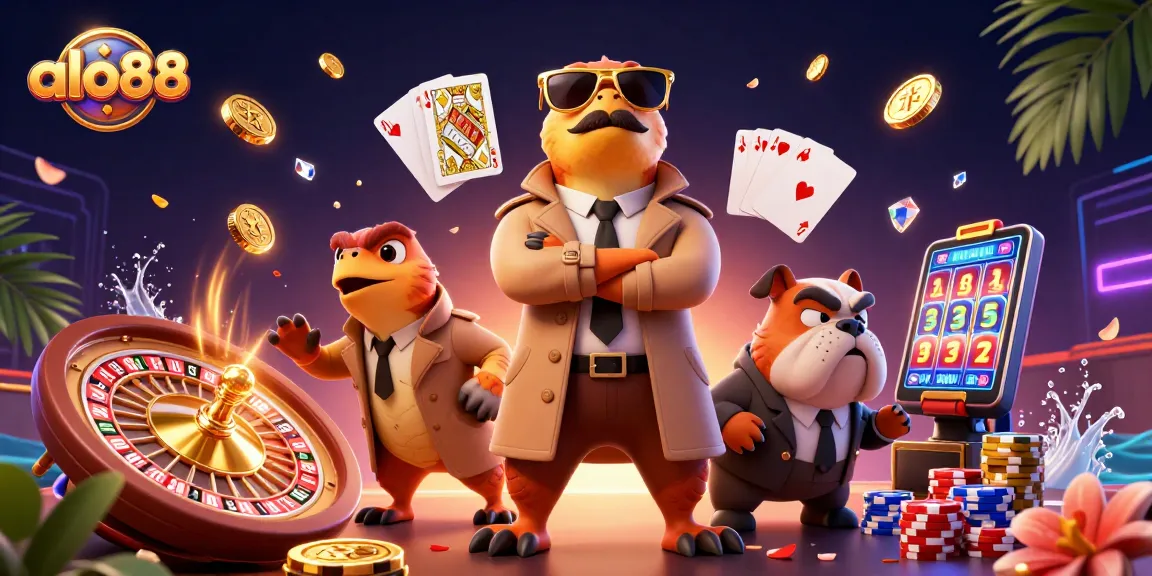 Alo88 brings thrilling action in the vibrant casino scene with raptors planning their entry while golden coins cascade around.