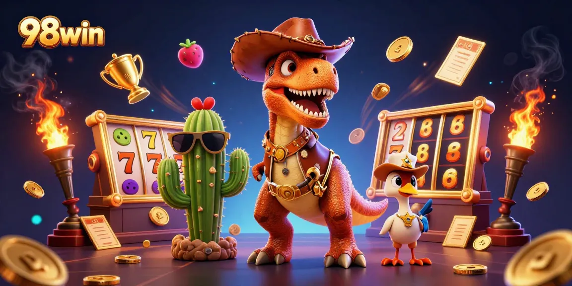 Engage with 98win's dynamic slots experience featuring vibrant 3D characters and casino elements.