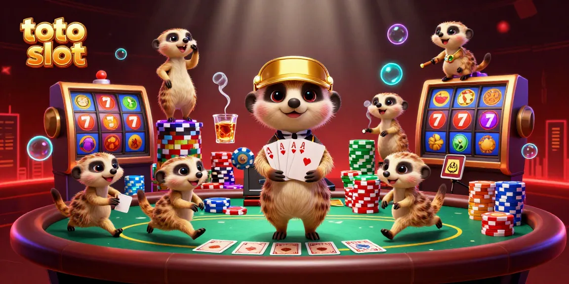 Engage in thrilling toto slot action with cartoon meerkats running a lively casino operation.