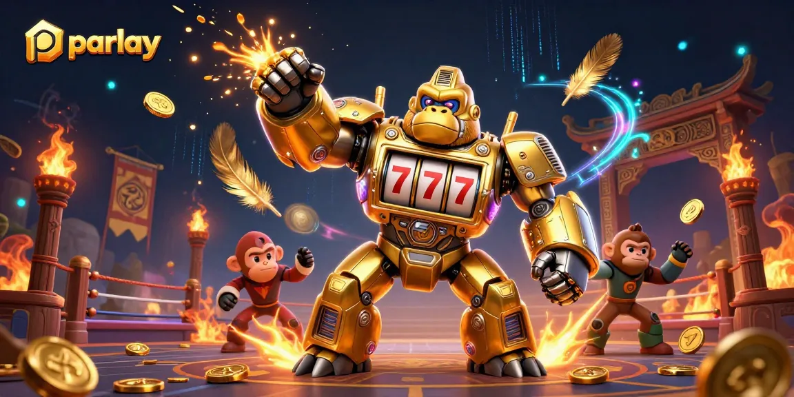 Experience parlay excitement with a golden gorilla mech and dynamic casino elements in this vibrant illustration.