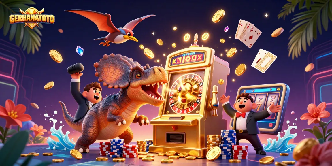 Putar jackpot di GERHANATOTO dengan slot mesin emas dan dinosaurus ceria dalam suasana kasino yang meriah.
