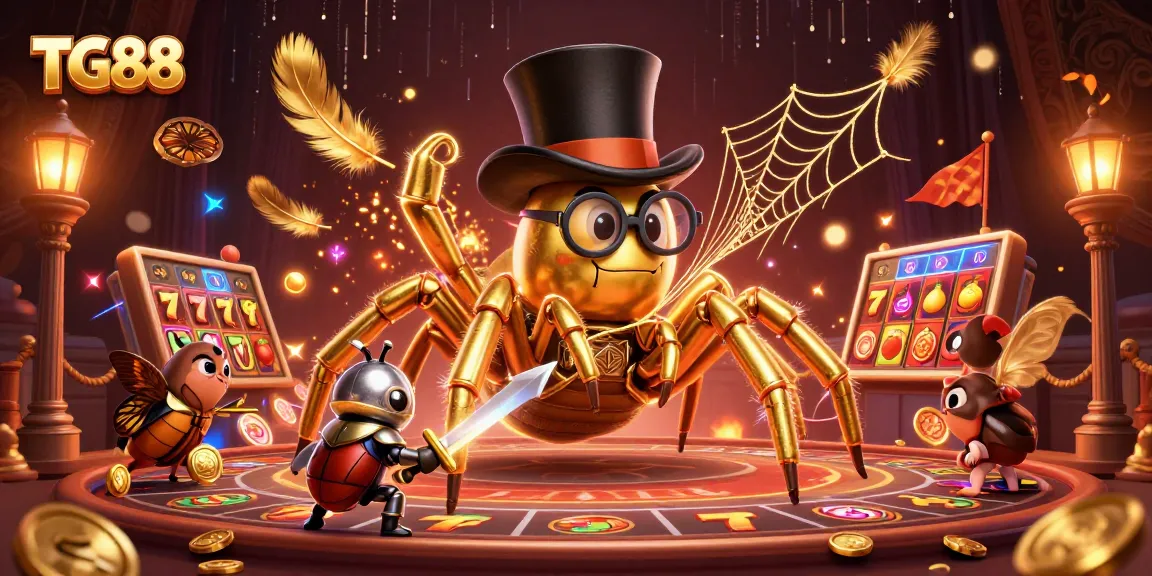 Experience thrilling gameplay at TG88 with a vibrant scene featuring a golden tarantula and dynamic casino elements.