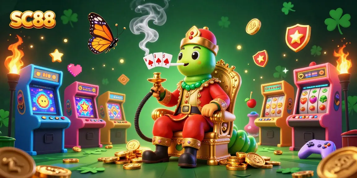 Experience the vibrant energy of SC88 with a whimsical casino scene featuring a hookah-master caterpillar.