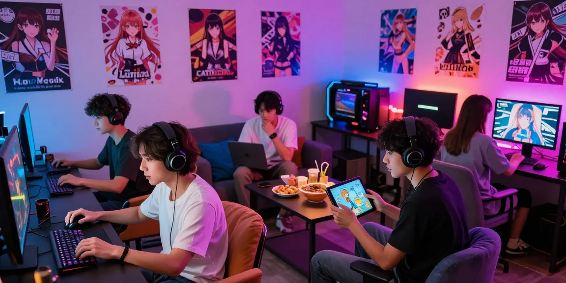 Gamers enjoying popular hentai games in a vibrant, cozy lounge