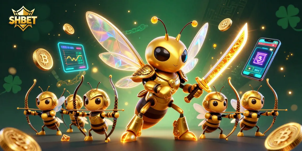 Engage with SHBET, featuring a dynamic illustration of a golden hornet warrior in an immersive casino environment.