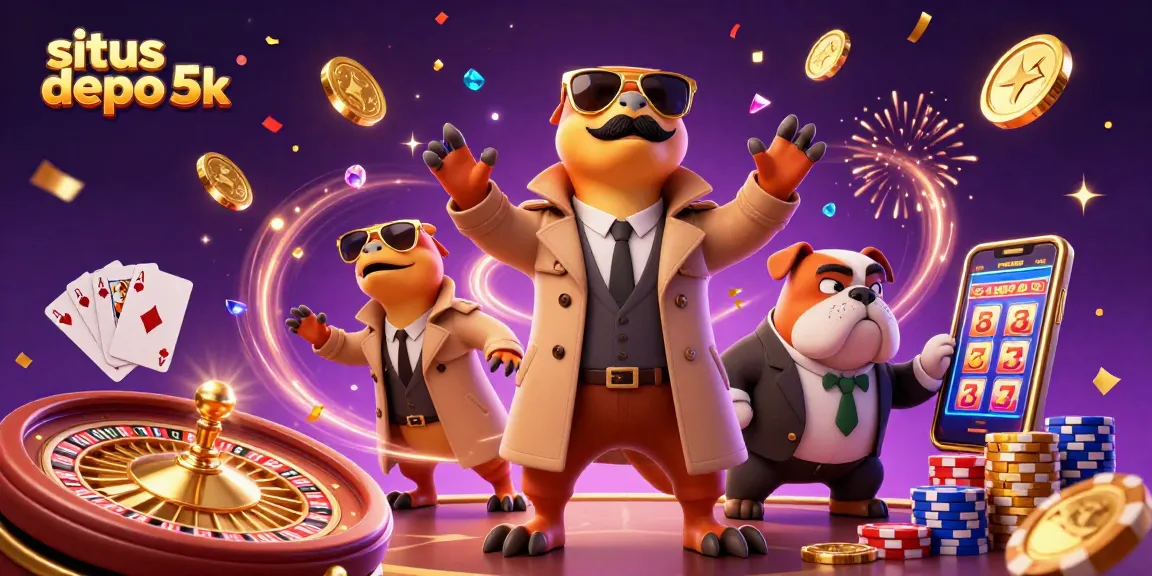 Engage with situs depo 5k and enjoy vibrant casino action featuring playful characters in a dynamic illustration.