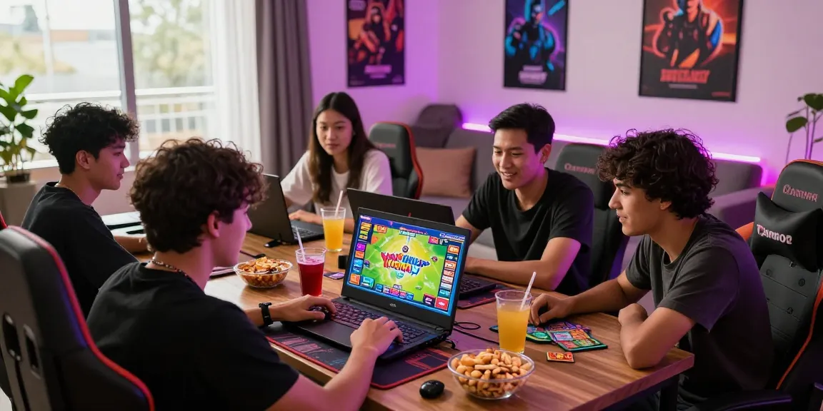 Exciting scene of friends engaged in yonogamesoriginal register Yono Rummy gameplay on laptop, vibrant atmosphere with gaming snacks.