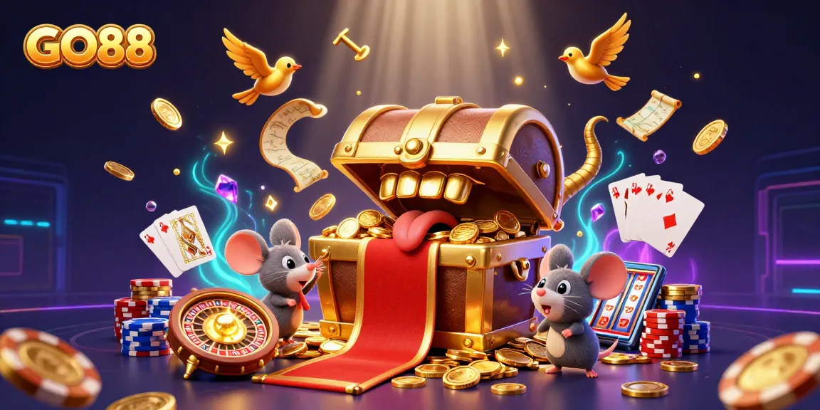 Experience the thrill of winning big at GO88 with adventurous characters in a vibrant casino scene.