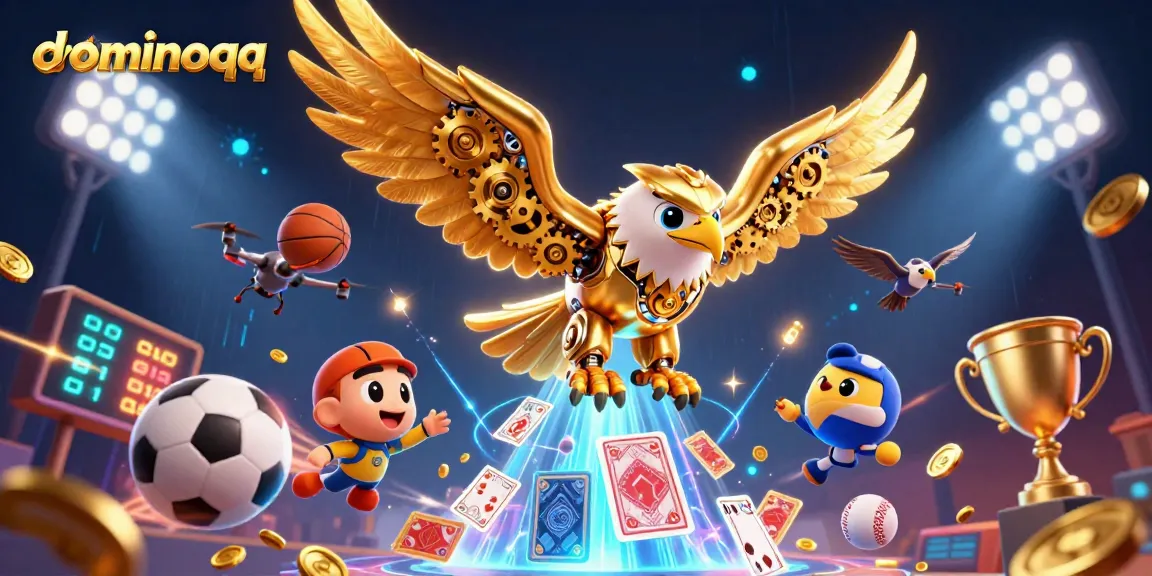 Engage in thrilling dominoqq gameplay with iconic golden eagle character, surrounded by dynamic casino elements.