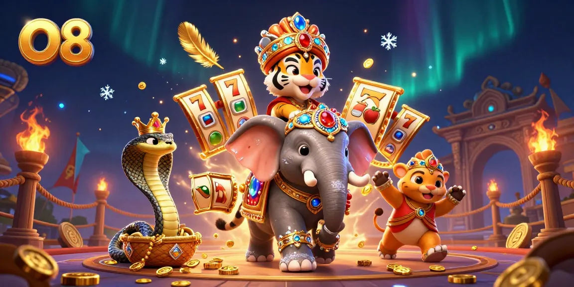 O8 features a vibrant 3D illustration of a maharaja tiger in a casino scene with jewels and slot reels.