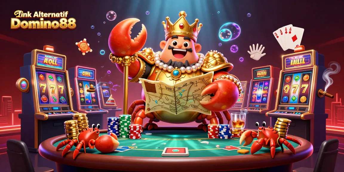 Engage with Link Alternatif Domino88 through a vibrant casino scene featuring a crab emperor and stacked chips.