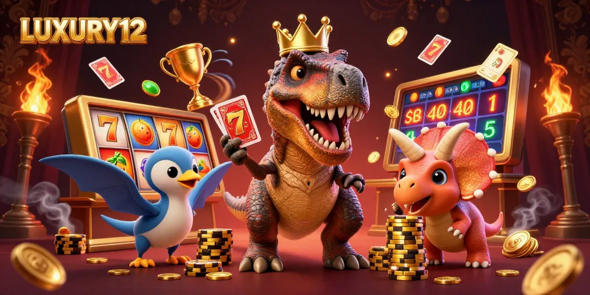 LUXURY12 slot game scene with a T-Rex shuffling cards and a triceratops stacking chips.