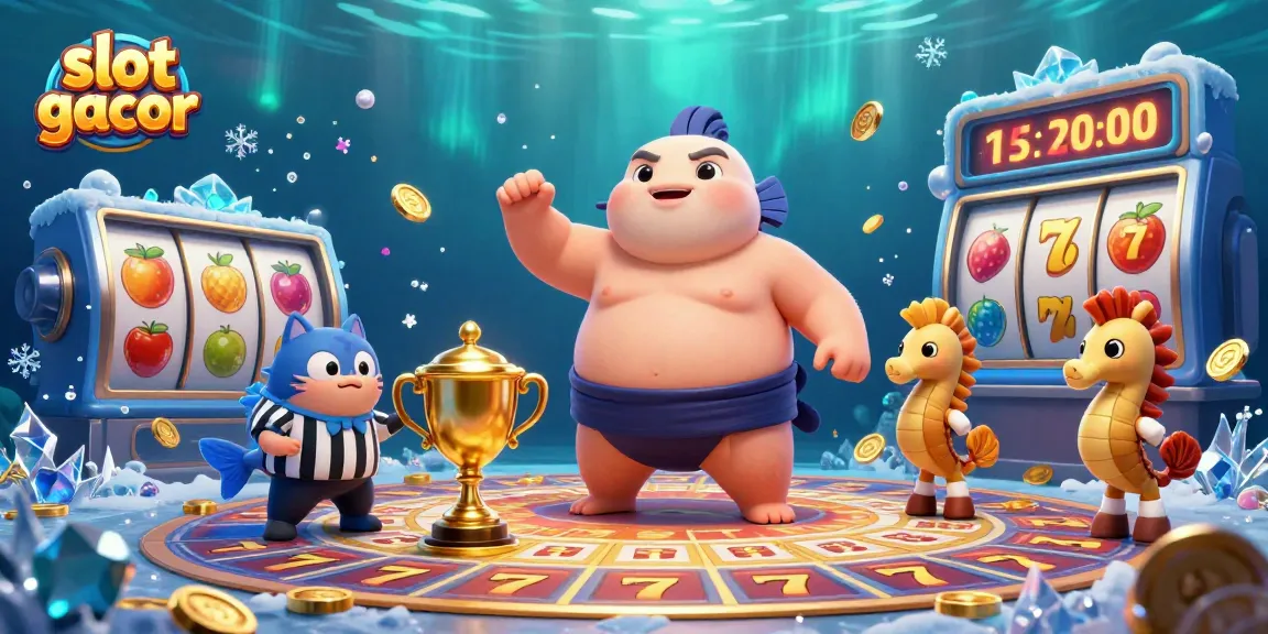 Permainan slot gacor dengan simbol keberuntungan dan jackpot, dikelilingi suasana meriah.