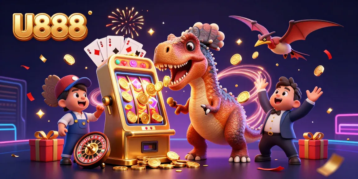 Witness U888's pachycephalosaurus activating a golden slot machine jackpot amidst vibrant casino chaos.