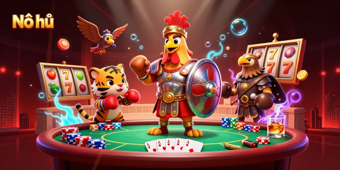 Nổ hũ reveals thrilling slot action with a gladiator rooster and vibrant casino elements.