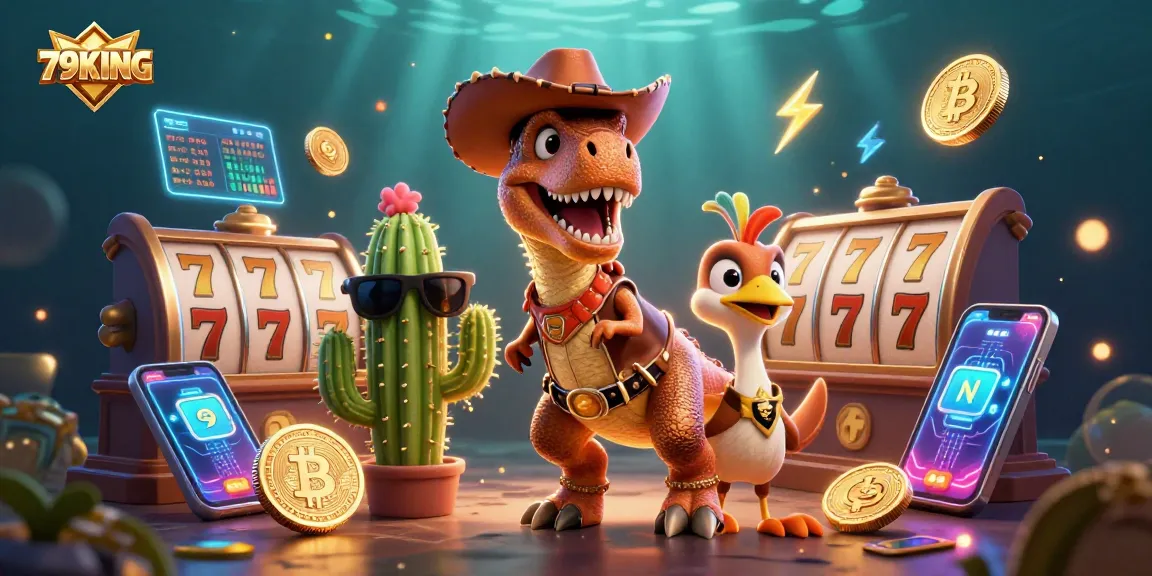 Engage with 79KING's vibrant 3D casino scene filled with dynamic slot reels and crypto elements.
