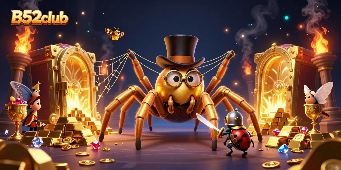 Engage with B52club as a giant tarantula spins winning fortunes in a vibrant casino scene.
