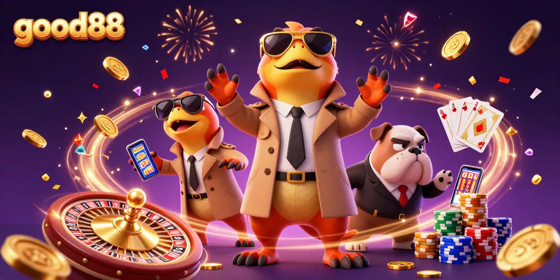 Experience exciting gaming at good88 with raptors in a trench coat entering a VIP casino.