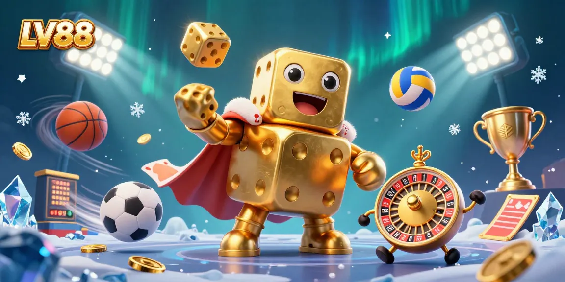 Experience thrilling gameplay with LV88, a vibrant scene filled with dynamic sports elements and golden casino symbols.