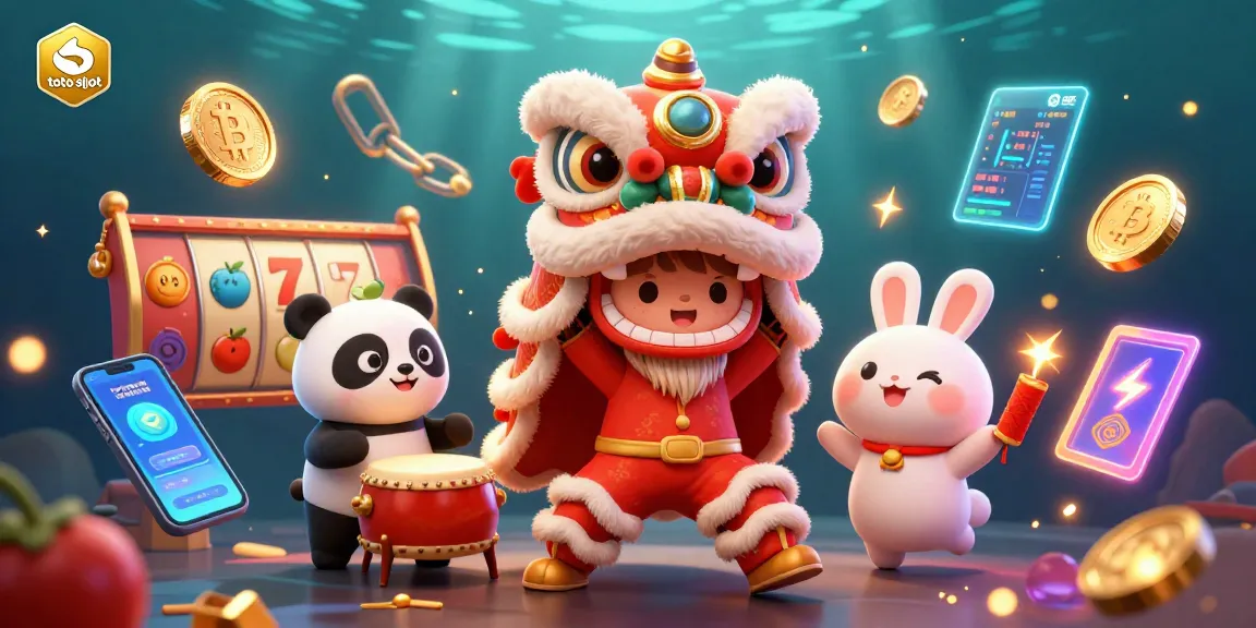 Engage with the thrilling world of toto slot featuring a lion dance, drumming panda, and vibrant casino elements.