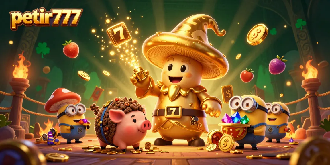 Experience the magic of petir777 with a vibrant illustration of a winning mushroom wizard and treasures.