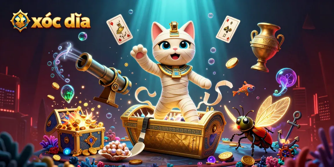 xóc đĩa gameplay illustrated with Egyptian mummy cat and treasures in an exciting pyramid casino