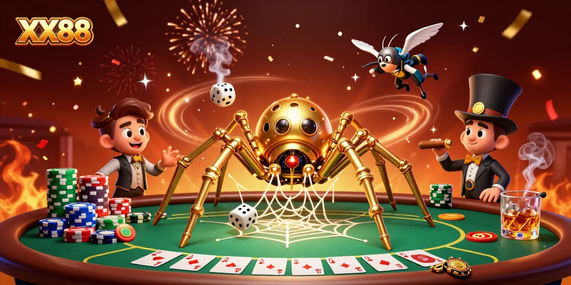 Experience the excitement of XX88 as a steampunk spider catches dice in its golden web.