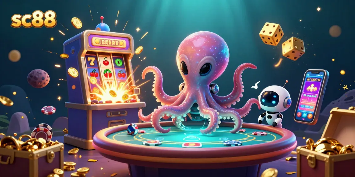 Experience sc88's exciting jackpot with an alien octopus at a poker table surrounded by dynamic casino elements.