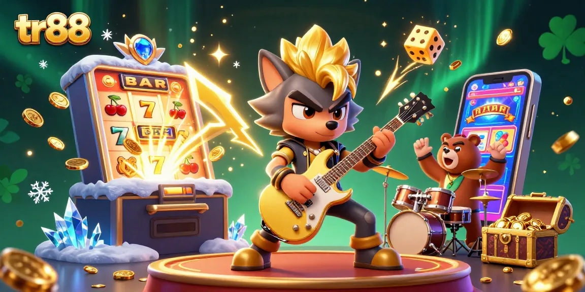 Experience the thrilling action of tr88 with a rock star wolf shredding on stage as coins burst from a jackpot slot!