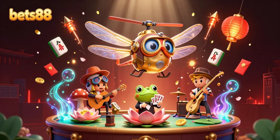 Experience the excitement of bets88 with a dynamic casino scene featuring a lively dragonfly pilot and engaging frog croupier.