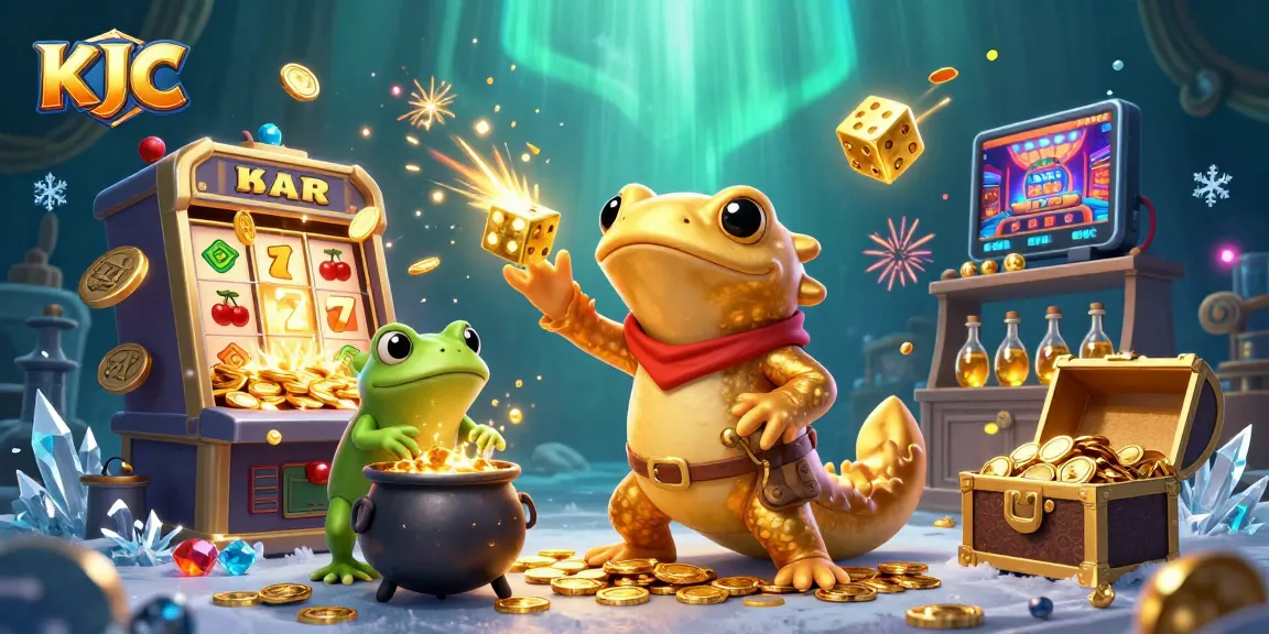 Engage with KJC's vibrant casino experience, featuring golden alchemy and lavish game elements amidst magical surroundings.