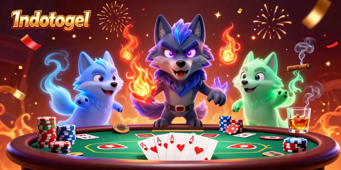 Indotogel players competing at a vibrant casino table with chips and poker cards, amidst a celebratory atmosphere.
