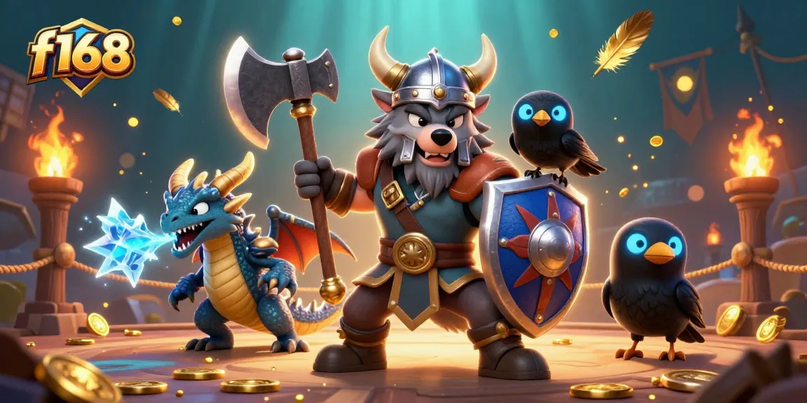 Engage with thrilling games at f168, featuring a Viking warrior and dragon in an inviting casino atmosphere.