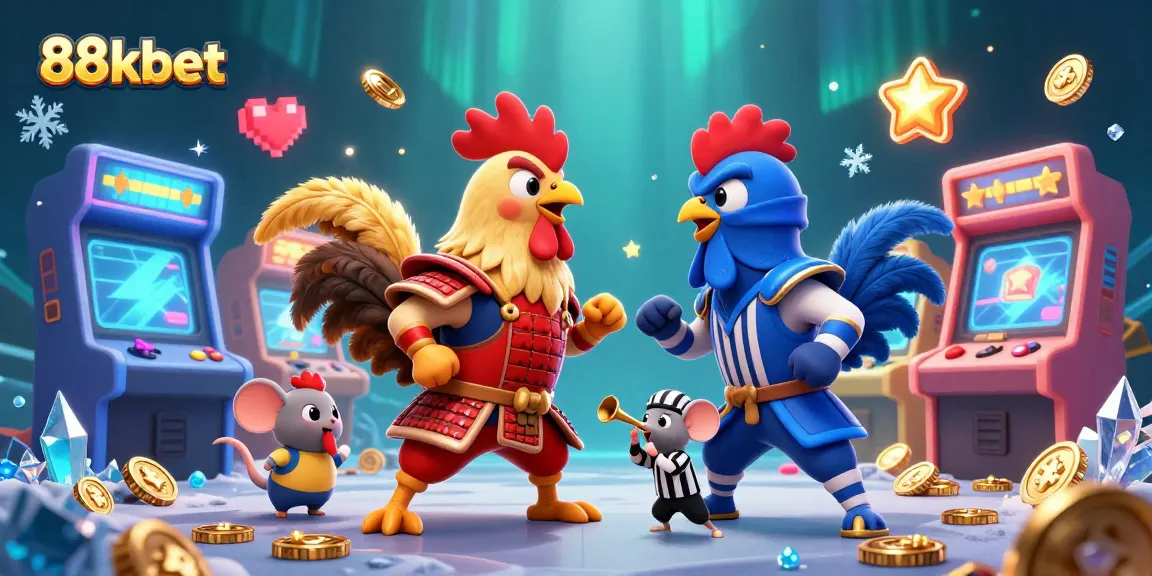 Engage in thrilling gaming adventures with 88kbet's dynamic casino environment featuring fighting roosters and colorful elements.