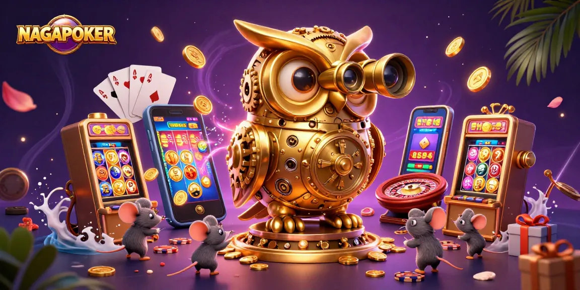 NAGAPOKER showcases a vibrant digital casino scene with a clockwork owl and playful mice.
