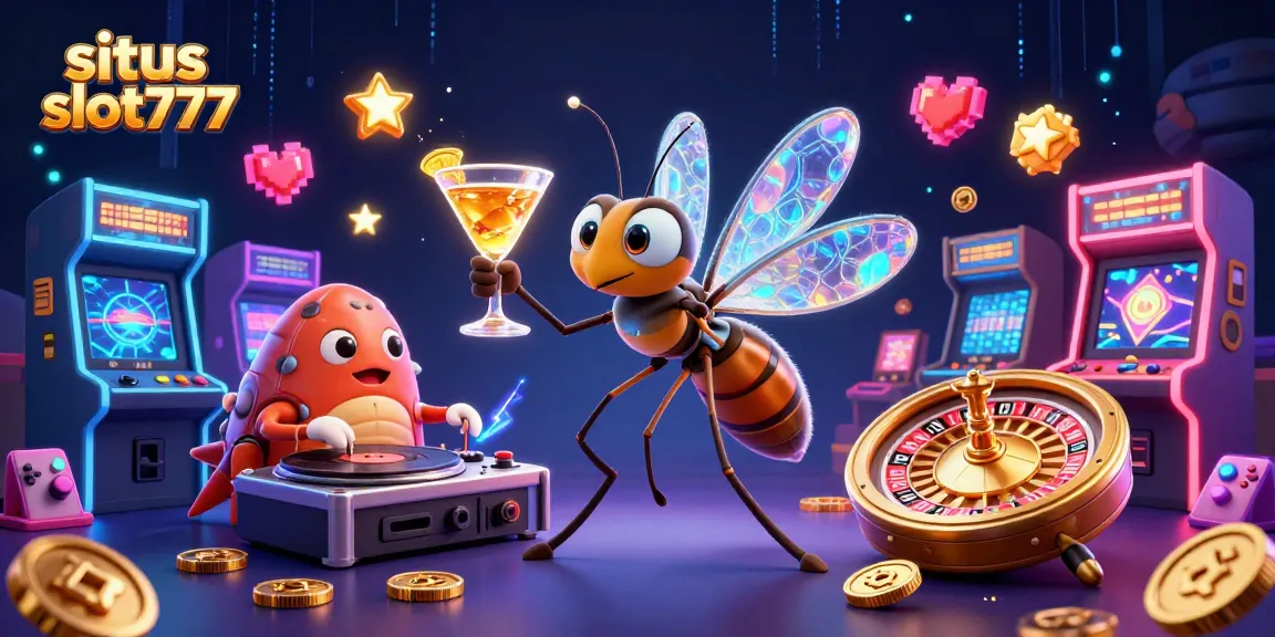Spin win with situs slot777 at this vibrant casino illustration featuring lively characters and 3D game elements.